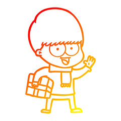 warm gradient line drawing happy cartoon boy with present