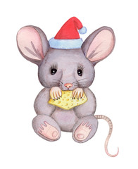 Cute cartoon mouse in red cap with cheeze. Watercolor illustration hand drawn, isolated on white.