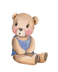 Cute cartoon toy animal teddy bear in blue clothes. Watercolor hand drawn isolated.