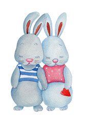Watercolor illustration of cute cartoon couple of hares bunny rabbits babies boy and girl