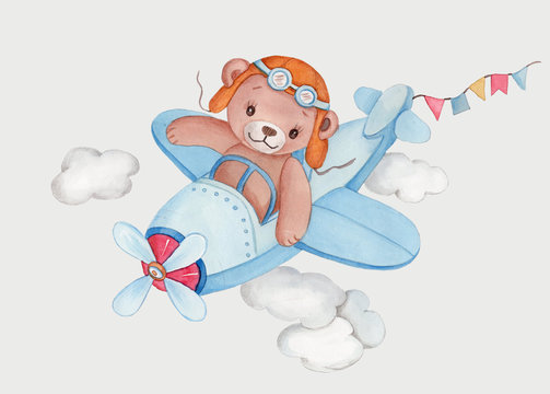 Cute cartoon watercolor illustration of teddy bear pilot on plane. Hand drawn, isolated.