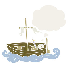 cartoon old boat and thought bubble in retro style