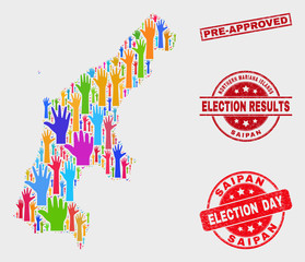 Election Saipan Island map and seal stamps. Red rectangle Pre-Approved distress seal. Colorful Saipan Island map mosaic of raised election arms. Vector collage for election day,