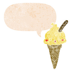 cute cartoon ice cream and speech bubble in retro textured style