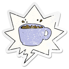 cartoon coffee cup and speech bubble distressed sticker