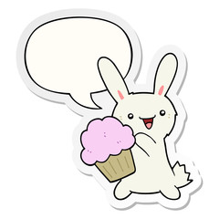 cute cartoon rabbit and muffin and speech bubble sticker