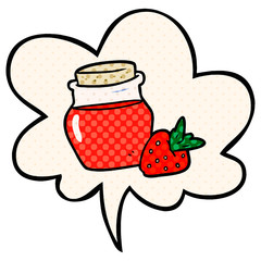 cartoon jar of strawberry jam and speech bubble in comic book style