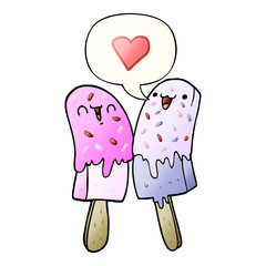 cartoon ice lolly in love and speech bubble in smooth gradient style
