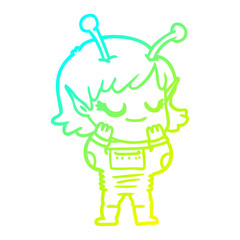 cold gradient line drawing smiling alien girl cartoon
