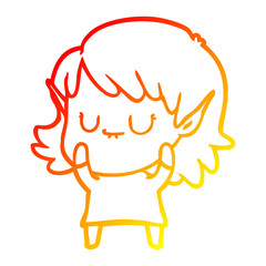 warm gradient line drawing happy cartoon elf girl wearing dress