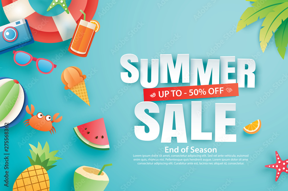 Sticker Summer sale with decoration origami on blue sky background. Paper art and craft style. Vector illustration of ice cream, watermelon, sunglasses.