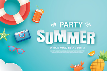 Summer party invitation banner with decoration origami. Paper art and craft style. Vector illustration of life ring, ice cream, camera, watermelon, sunglasses.