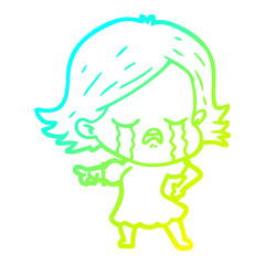 cold gradient line drawing cartoon girl crying and pointing