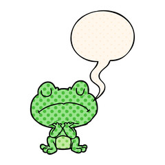 cartoon frog waiting patiently and speech bubble in comic book style