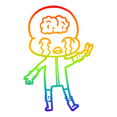 rainbow gradient line drawing cartoon big brain alien crying and giving peace sign
