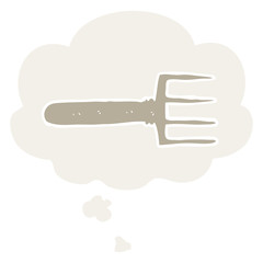 cartoon fork and thought bubble in retro style