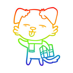 rainbow gradient line drawing cartoon dog with xmas gift
