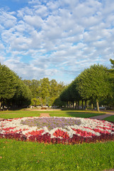 St. Petersburg. City Smolny Park with beautiful flower beds, shady alleys, fountains and green lawns - a convenient place for recreation of citizens. Natural background. Comfortable urban environment