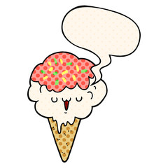 cartoon ice cream and speech bubble in comic book style