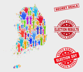 Ballot South Korea map and seal stamps. Red rectangle Secret Deals scratched seal stamp. Colored South Korea map mosaic of raised raising hands. Vector combination for election day,