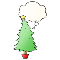 cartoon christmas tree and thought bubble in smooth gradient style