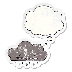 cartoon rain cloud and thought bubble as a distressed worn sticker