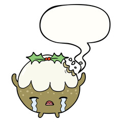 cartoon christmas pudding crying and speech bubble