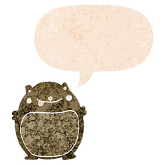 cartoon bear and speech bubble in retro textured style