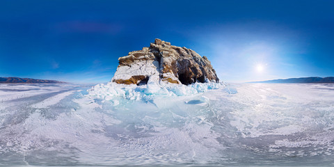 icy rocks of Olkhon Island are Lake Baikal. Spherical 360 180 vr panorama