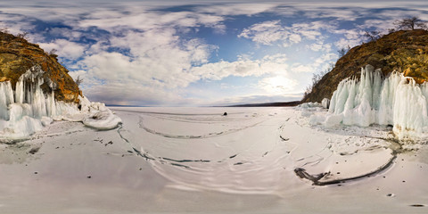 icy rocks of Olkhon Island are Lake Baikal. Spherical 360 180 vr panorama © Baikal360