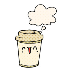 cartoon take out coffee and thought bubble in comic book style