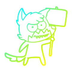 cold gradient line drawing cartoon grinning fox with protest sign
