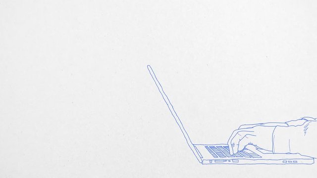 4K line drawing someone typing on a computer laptop, blue ink on white textured paper with space for text that can be looped.