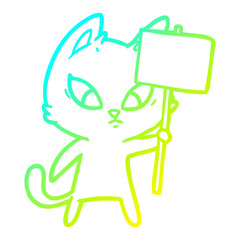 cold gradient line drawing confused cartoon cat with protest sign