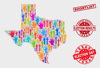 Democrat Texas State map and seal stamps. Red rectangle Shortlist distress seal. Colored Texas State map mosaic of raised up electoral hands. Vector collage for election day, and referendum results.