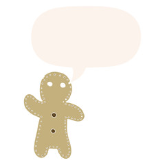 cartoon gingerbread man and speech bubble in retro style