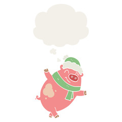 cartoon pig wearing christmas hat and thought bubble in retro style