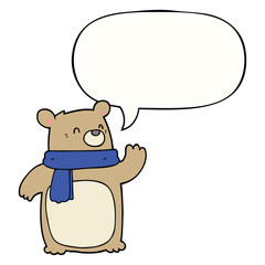 cartoon bear wearing scarf and speech bubble