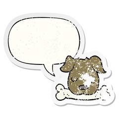 cartoon dog and bone and speech bubble distressed sticker