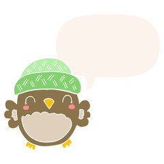 cute cartoon owl in hat and speech bubble in retro style