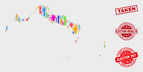 Election Turks and Caicos Islands map and seal stamps. Red rectangle Taken scratched seal stamp. Colored Turks and Caicos Islands map mosaic of raised electoral arms.
