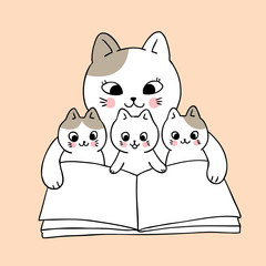 Cartoon cute mom and baby cat reading book vector.