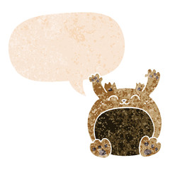 cartoon bear and speech bubble in retro textured style