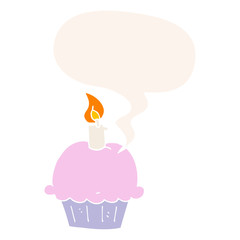 cartoon birthday cupcake and speech bubble in retro style