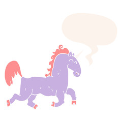 cartoon unicorn and speech bubble in retro style