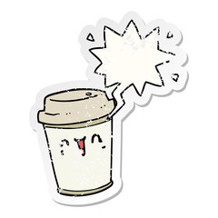 cartoon take out coffee and speech bubble distressed sticker