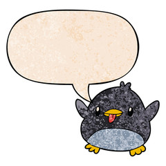 cute cartoon penguin and speech bubble in retro texture style