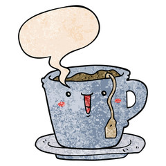 cute cartoon cup and saucer and speech bubble in retro texture style