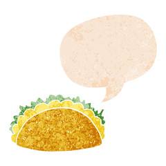 cartoon taco and speech bubble in retro textured style