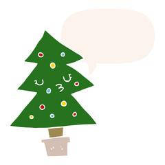 cartoon christmas tree and speech bubble in retro style